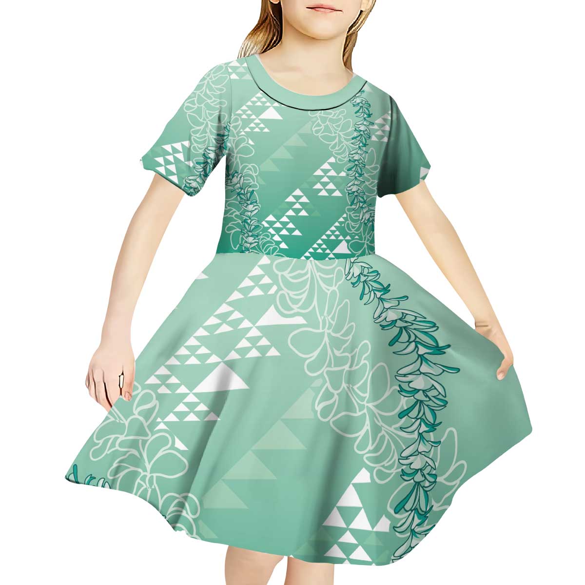 Hawaii Jade Green Kapa Kid Short Sleeve Dress Vintage 'Ohe Kāpala Motifs Mix Plumeria Leis LT7 - Polynesian Pride