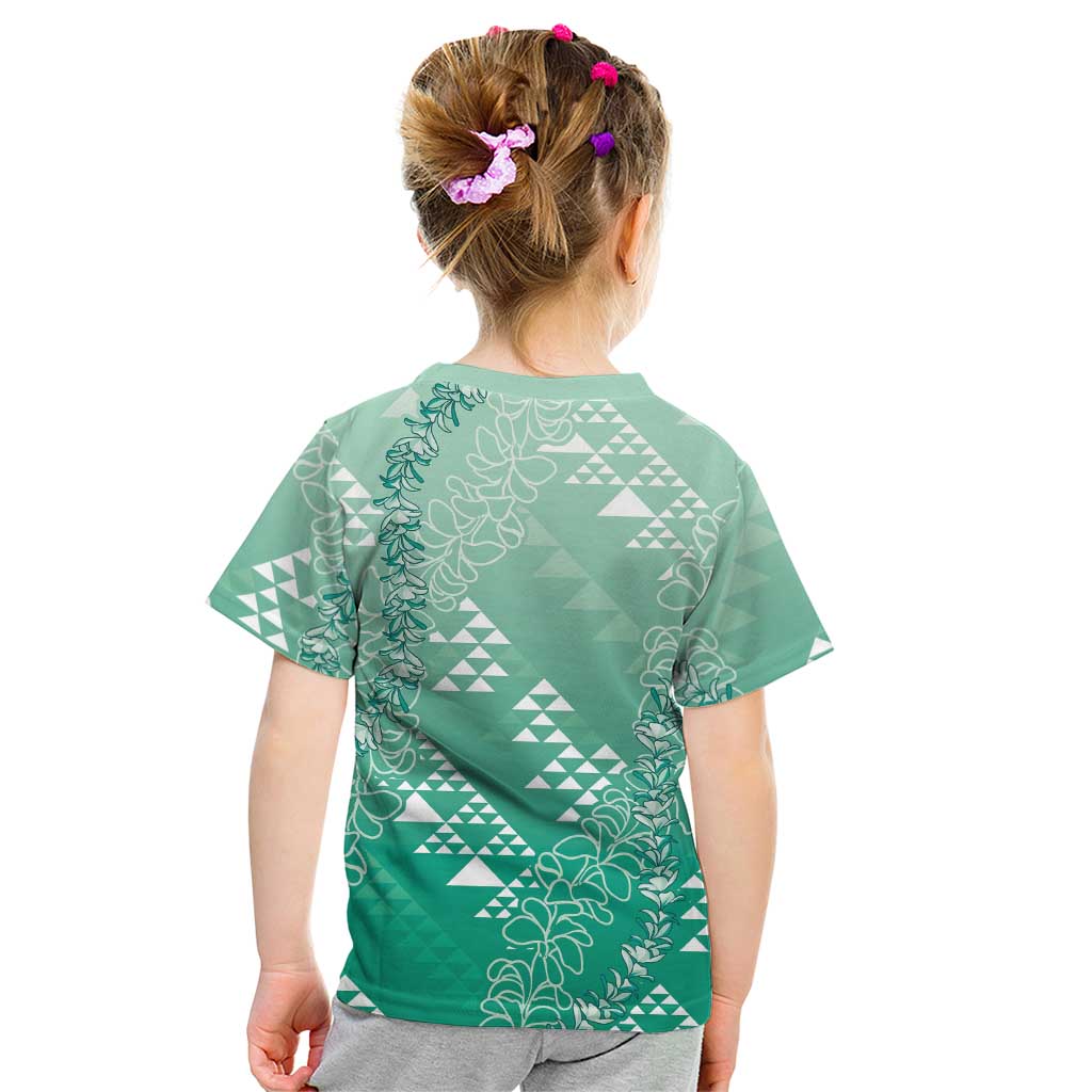 Hawaii Jade Green Kapa Kid T Shirt Vintage 'Ohe Kāpala Motifs Mix Plumeria Leis