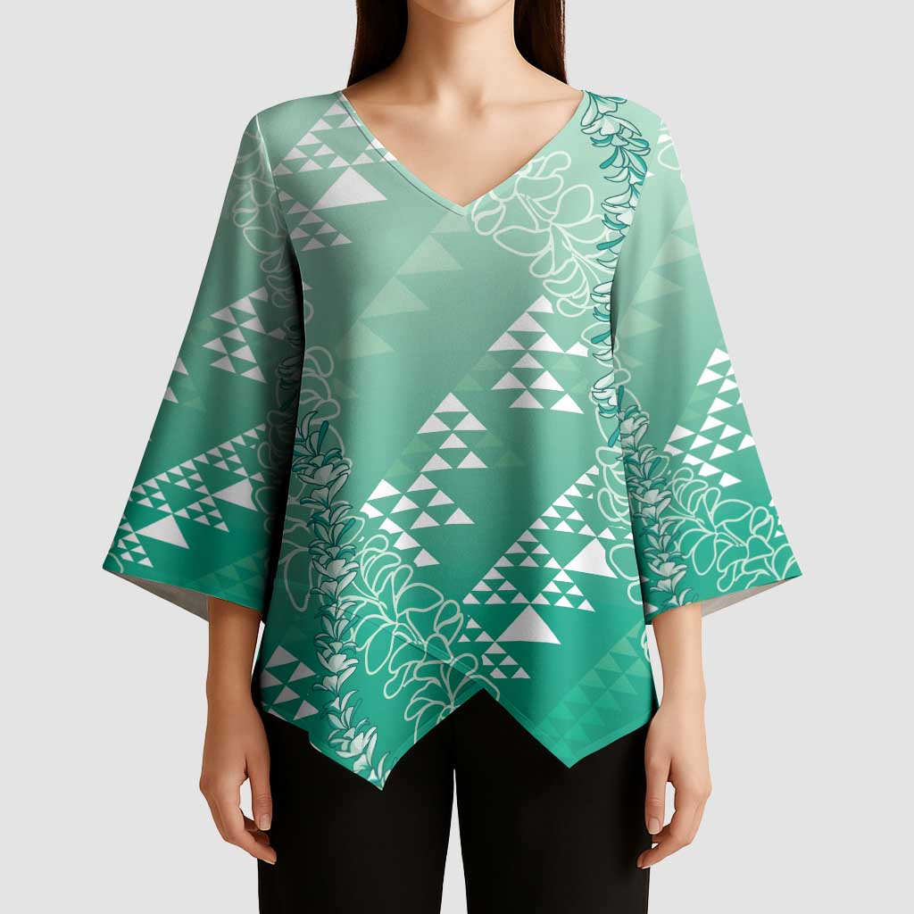 Hawaii Jade Green Kapa Kimono Sleeve Blouse Vintage 'Ohe Kāpala Motifs Mix Plumeria Leis