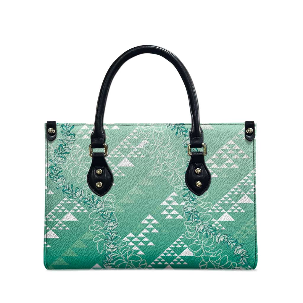 Hawaii Jade Green Kapa Leather Bag Vintage 'Ohe Kāpala Motifs Mix Plumeria Leis