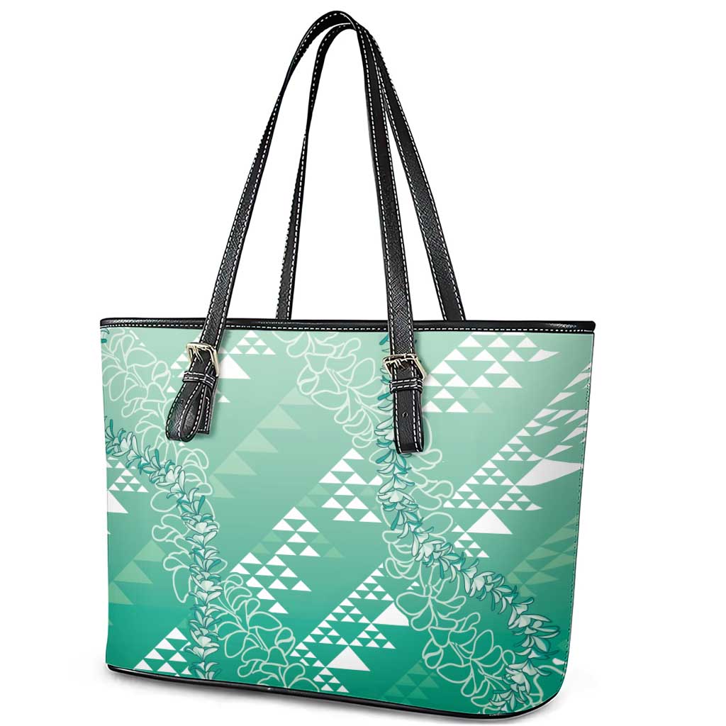 Hawaii Jade Green Kapa Leather Tote Bag Vintage 'Ohe Kāpala Motifs Mix Plumeria Leis
