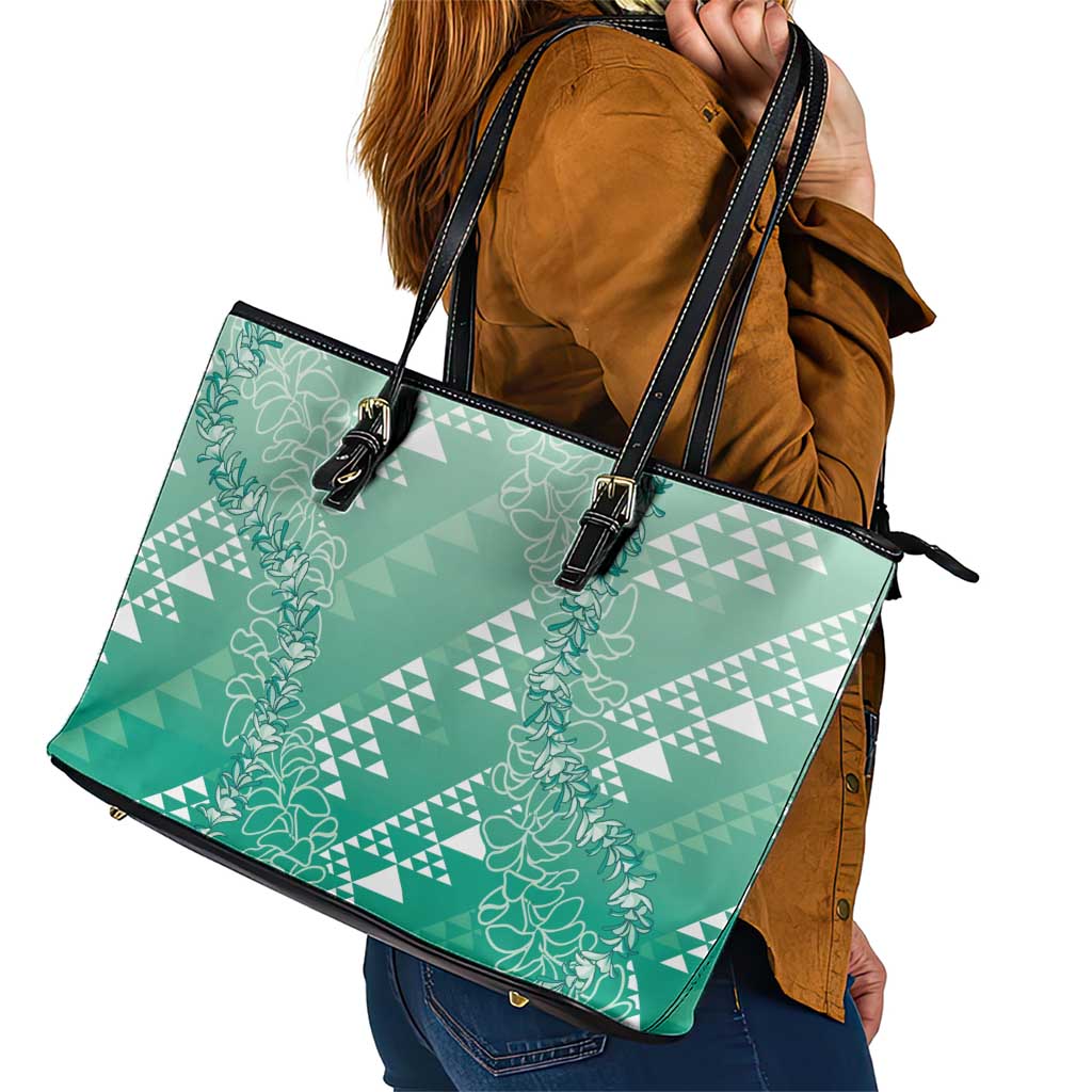 Hawaii Jade Green Kapa Leather Tote Bag Vintage 'Ohe Kāpala Motifs Mix Plumeria Leis