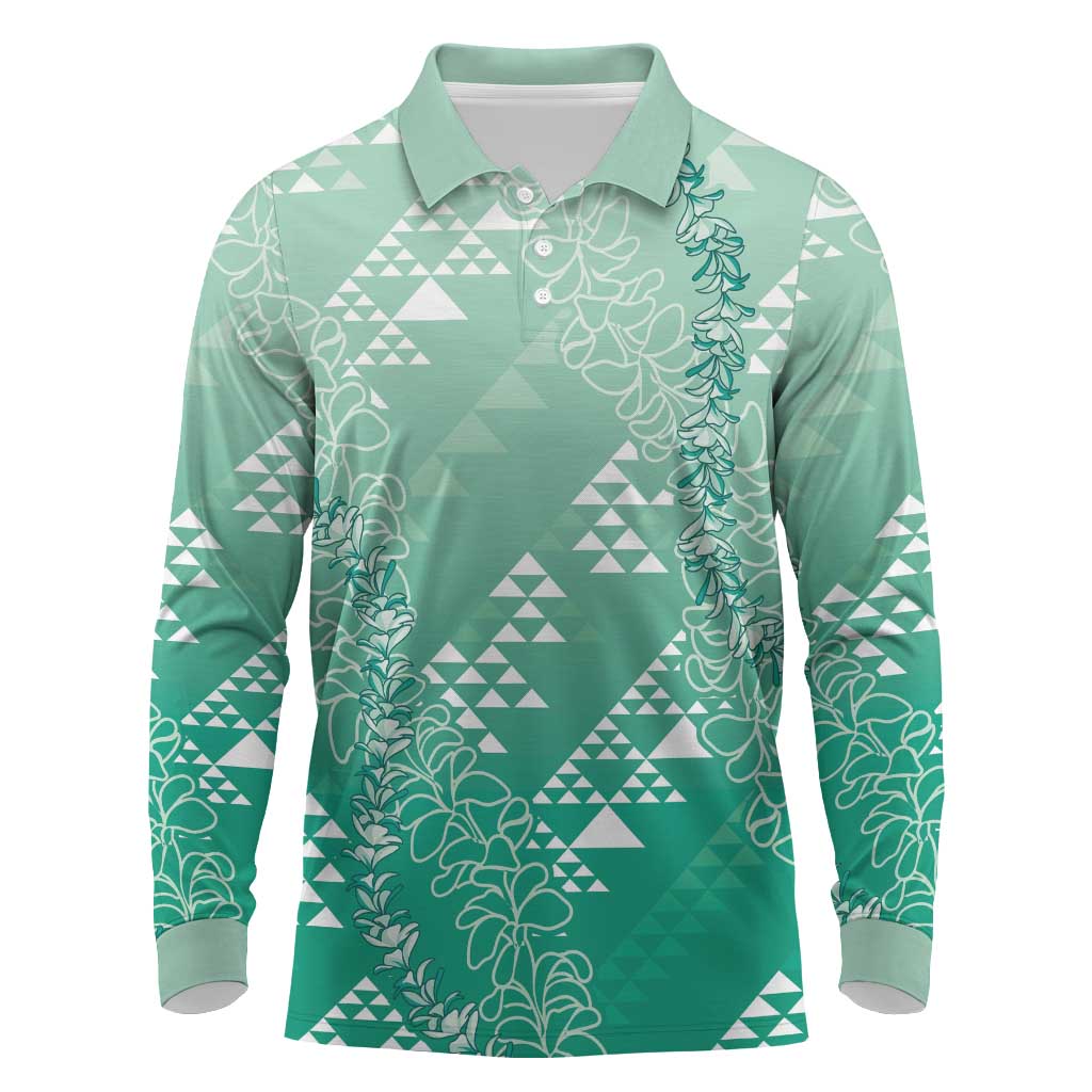 Hawaii Jade Green Kapa Long Sleeve Polo Shirt Vintage 'Ohe Kāpala Motifs Mix Plumeria Leis LT7 Jade Green - Polynesian Pride