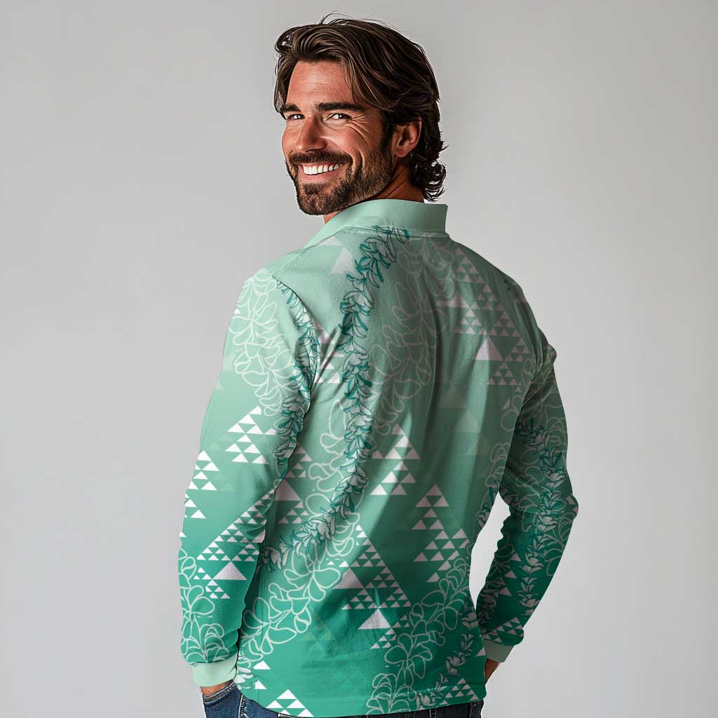 Hawaii Jade Green Kapa Long Sleeve Polo Shirt Vintage 'Ohe Kāpala Motifs Mix Plumeria Leis LT7 - Polynesian Pride