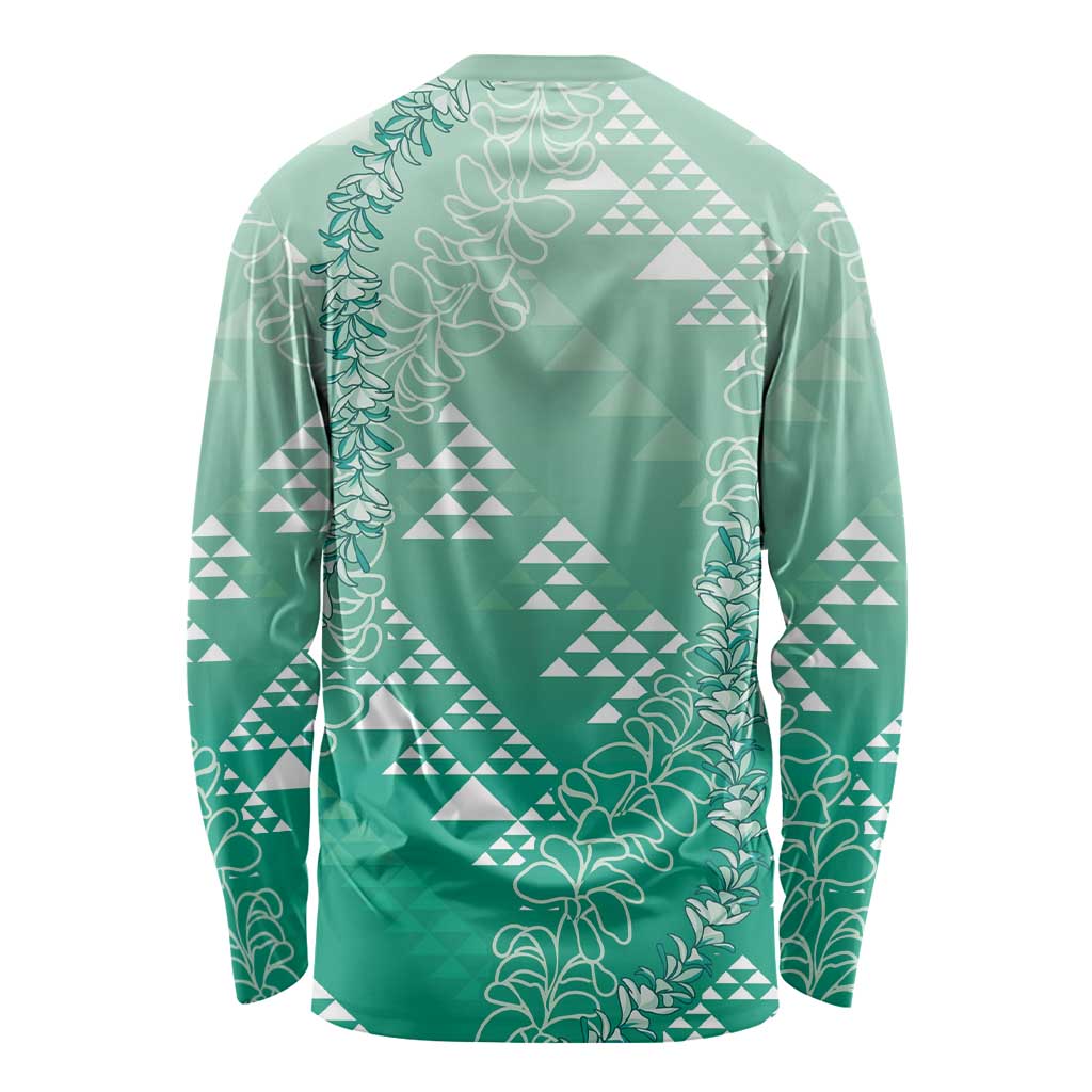 Hawaii Jade Green Kapa Long Sleeve Shirt Vintage 'Ohe Kāpala Motifs Mix Plumeria Leis