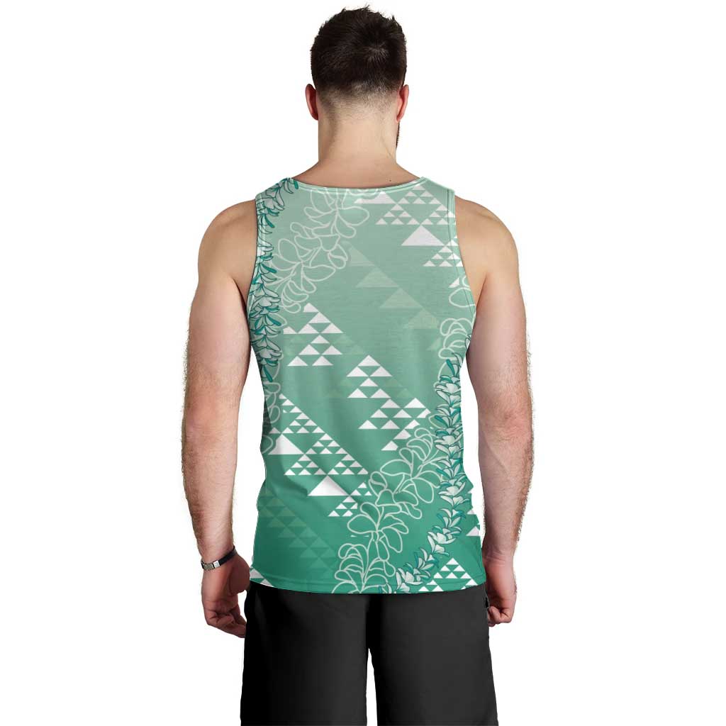 Hawaii Jade Green Kapa Men Tank Top Vintage 'Ohe Kāpala Motifs Mix Plumeria Leis