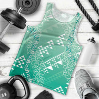 Hawaii Jade Green Kapa Men Tank Top Vintage 'Ohe Kāpala Motifs Mix Plumeria Leis