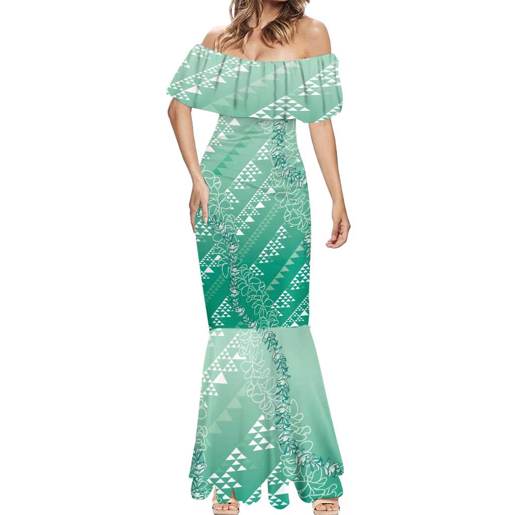 Hawaii Jade Green Kapa Mermaid Dress Vintage 'Ohe Kāpala Motifs Mix Plumeria Leis LT7 - Polynesian Pride