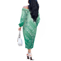 Hawaii Jade Green Kapa Off The Shoulder Long Sleeve Dress Vintage 'Ohe Kāpala Motifs Mix Plumeria Leis LT7 - Polynesian Pride