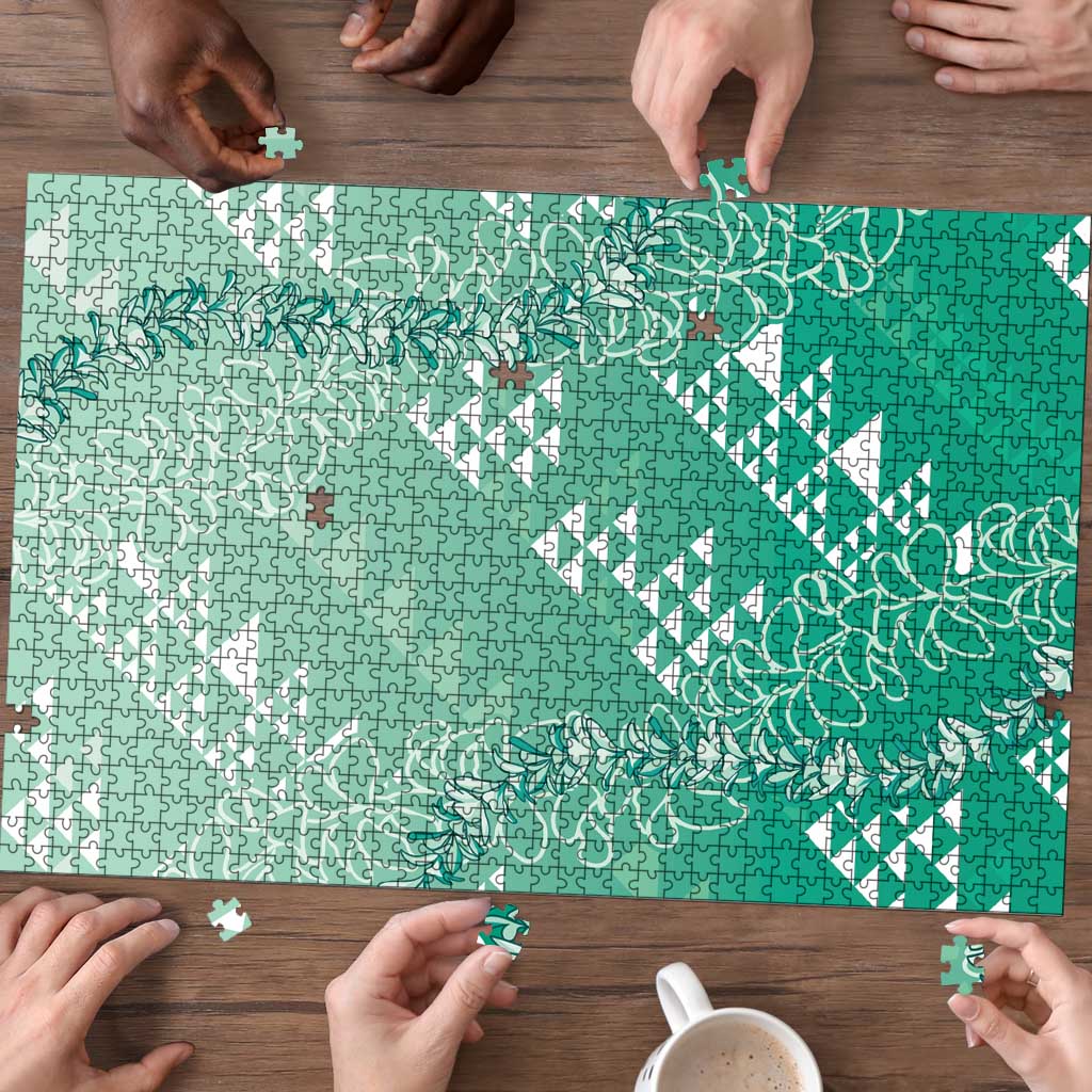 Hawaii Jade Green Kapa Puzzle Vintage 'Ohe Kāpala Motifs Mix Plumeria Leis