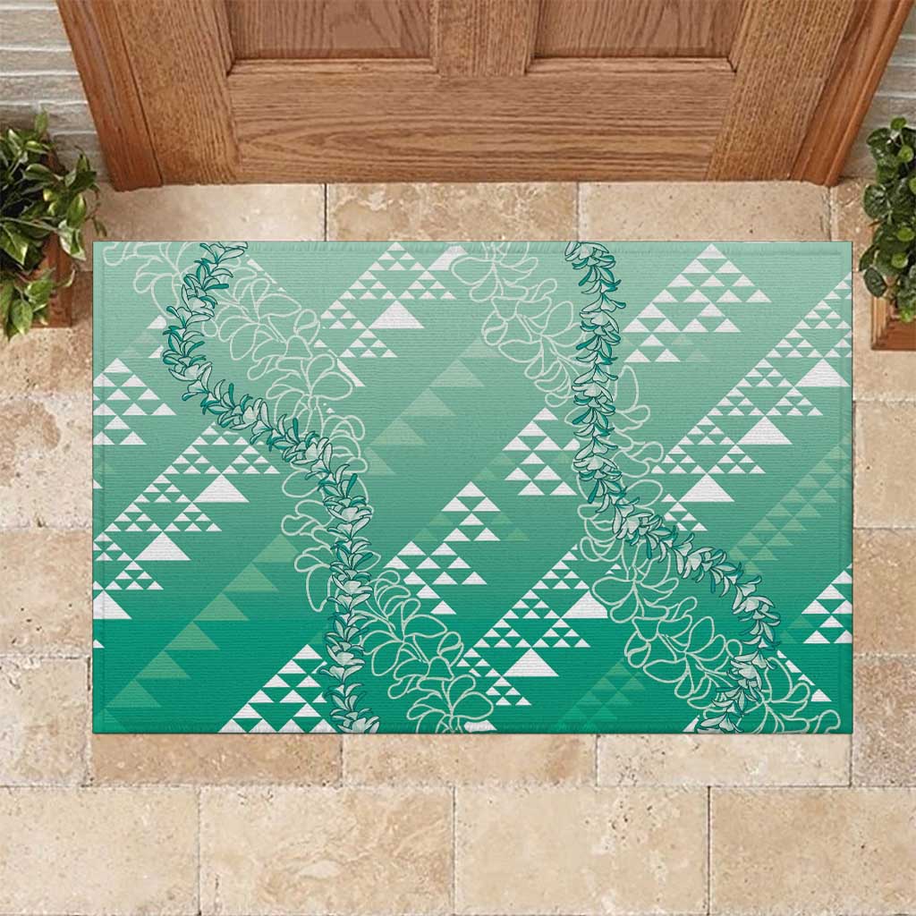 Hawaii Jade Green Kapa Rubber Doormat Vintage 'Ohe Kāpala Motifs Mix Plumeria Leis