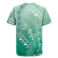 Hawaii Jade Green Kapa Rugby Jersey Vintage 'Ohe Kāpala Motifs Mix Plumeria Leis