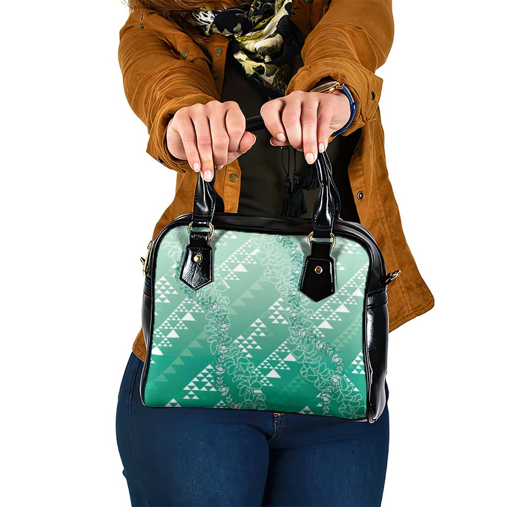 Hawaii Jade Green Kapa Shoulder Handbag Vintage 'Ohe Kāpala Motifs Mix Plumeria Leis