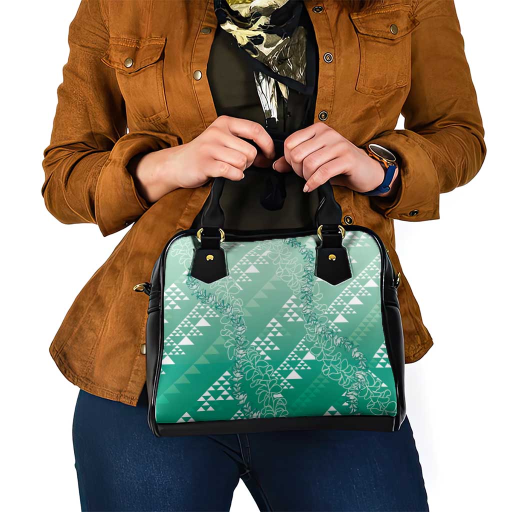 Hawaii Jade Green Kapa Shoulder Handbag Vintage 'Ohe Kāpala Motifs Mix Plumeria Leis