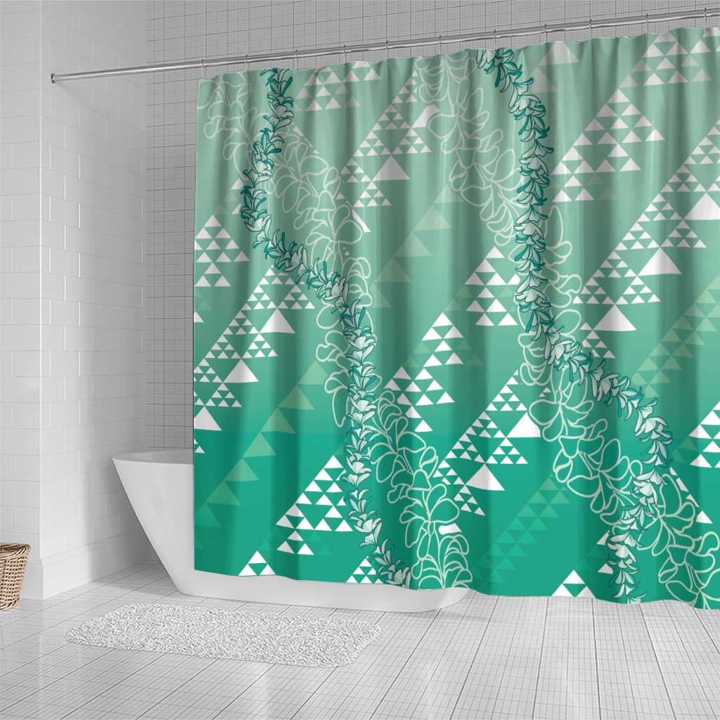 Hawaii Jade Green Kapa Shower Curtain Vintage 'Ohe Kāpala Motifs Mix Plumeria Leis