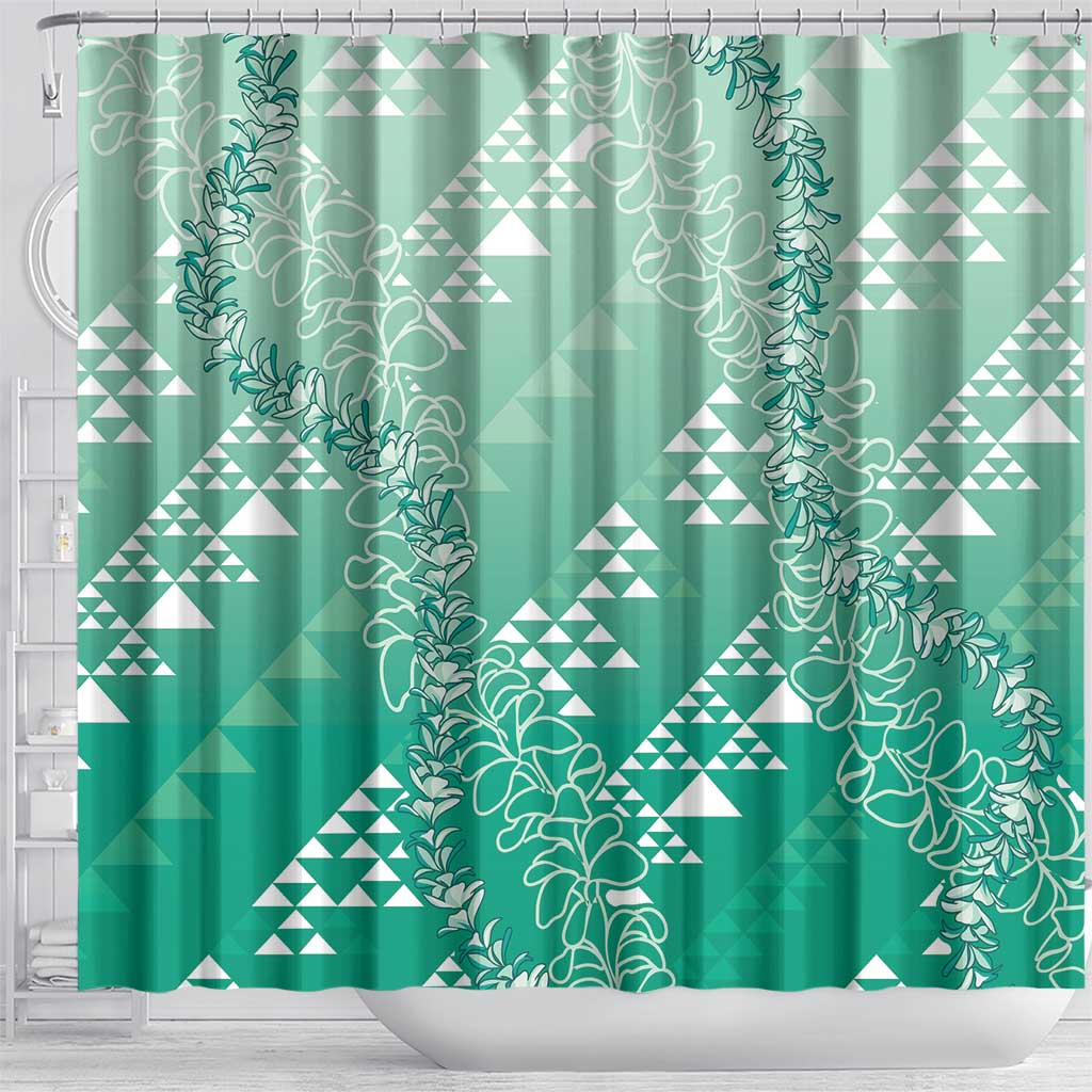 Hawaii Jade Green Kapa Shower Curtain Vintage 'Ohe Kāpala Motifs Mix Plumeria Leis