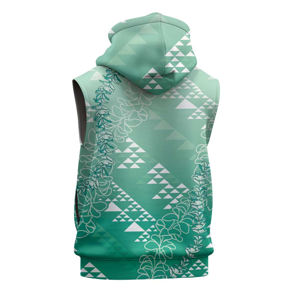 Hawaii Jade Green Kapa Sleeveless Hoodie Vintage 'Ohe Kāpala Motifs Mix Plumeria Leis LT7 - Polynesian Pride