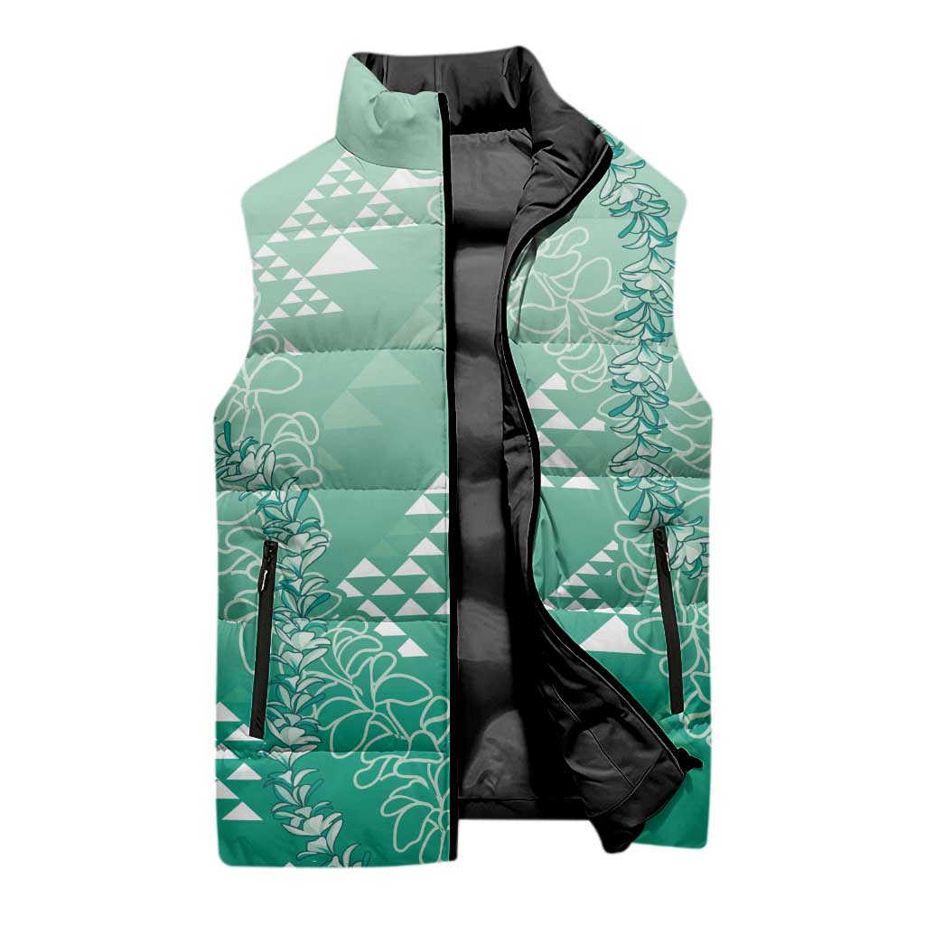 Hawaii Jade Green Kapa Sleeveless Puffer Jacket Vintage 'Ohe Kāpala Motifs Mix Plumeria Leis