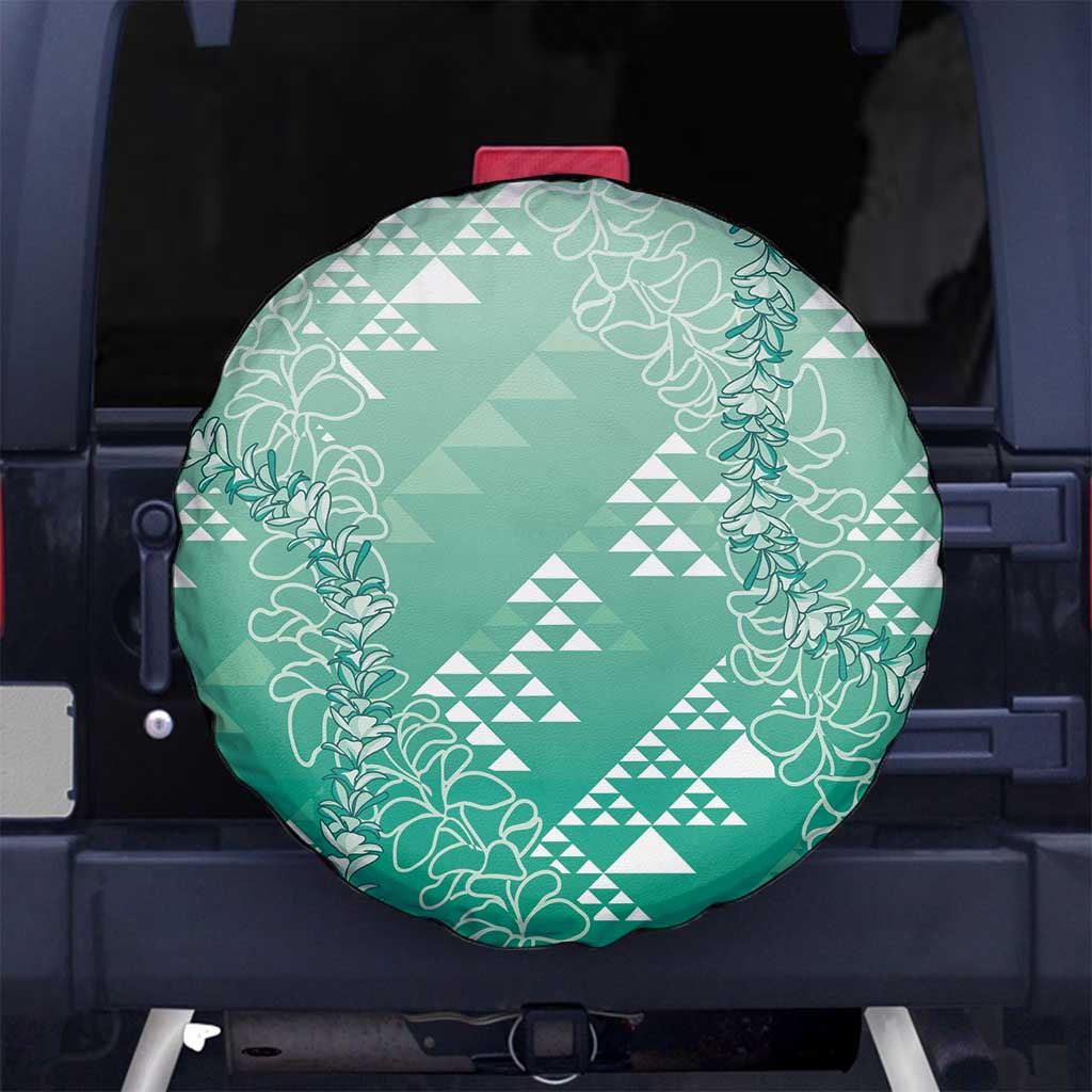Hawaii Jade Green Kapa Spare Tire Cover Vintage 'Ohe Kāpala Motifs Mix Plumeria Leis