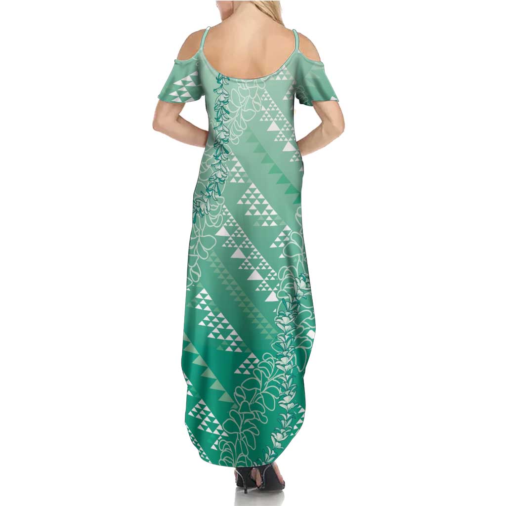 Hawaii Jade Green Kapa Summer Maxi Dress Vintage 'Ohe Kāpala Motifs Mix Plumeria Leis