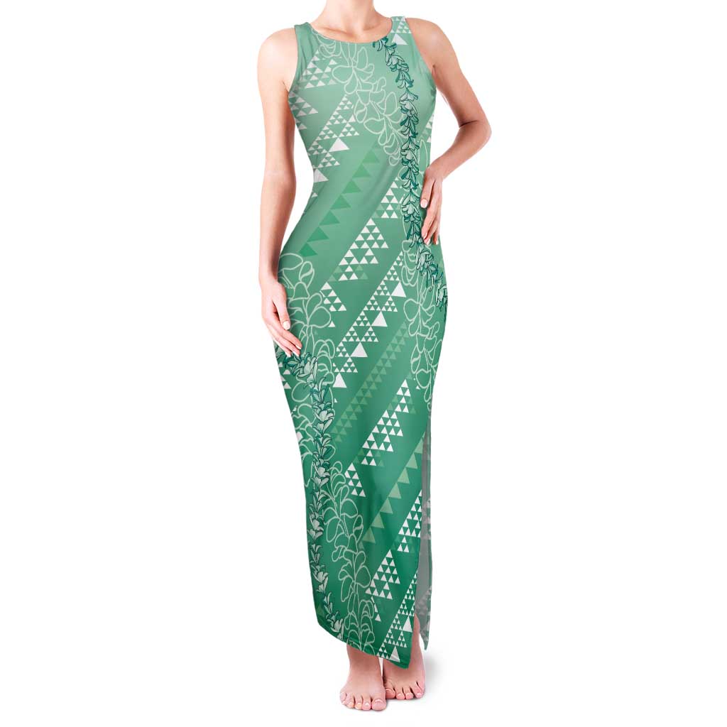 Hawaii Jade Green Kapa Tank Maxi Dress Vintage 'Ohe Kāpala Motifs Mix Plumeria Leis LT7 Women Jade Green - Polynesian Pride