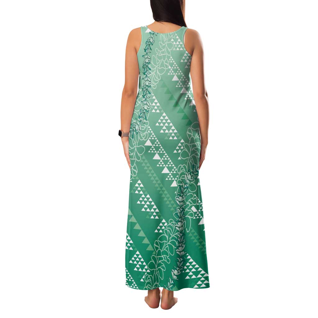 Hawaii Jade Green Kapa Tank Maxi Dress Vintage 'Ohe Kāpala Motifs Mix Plumeria Leis LT7 - Polynesian Pride