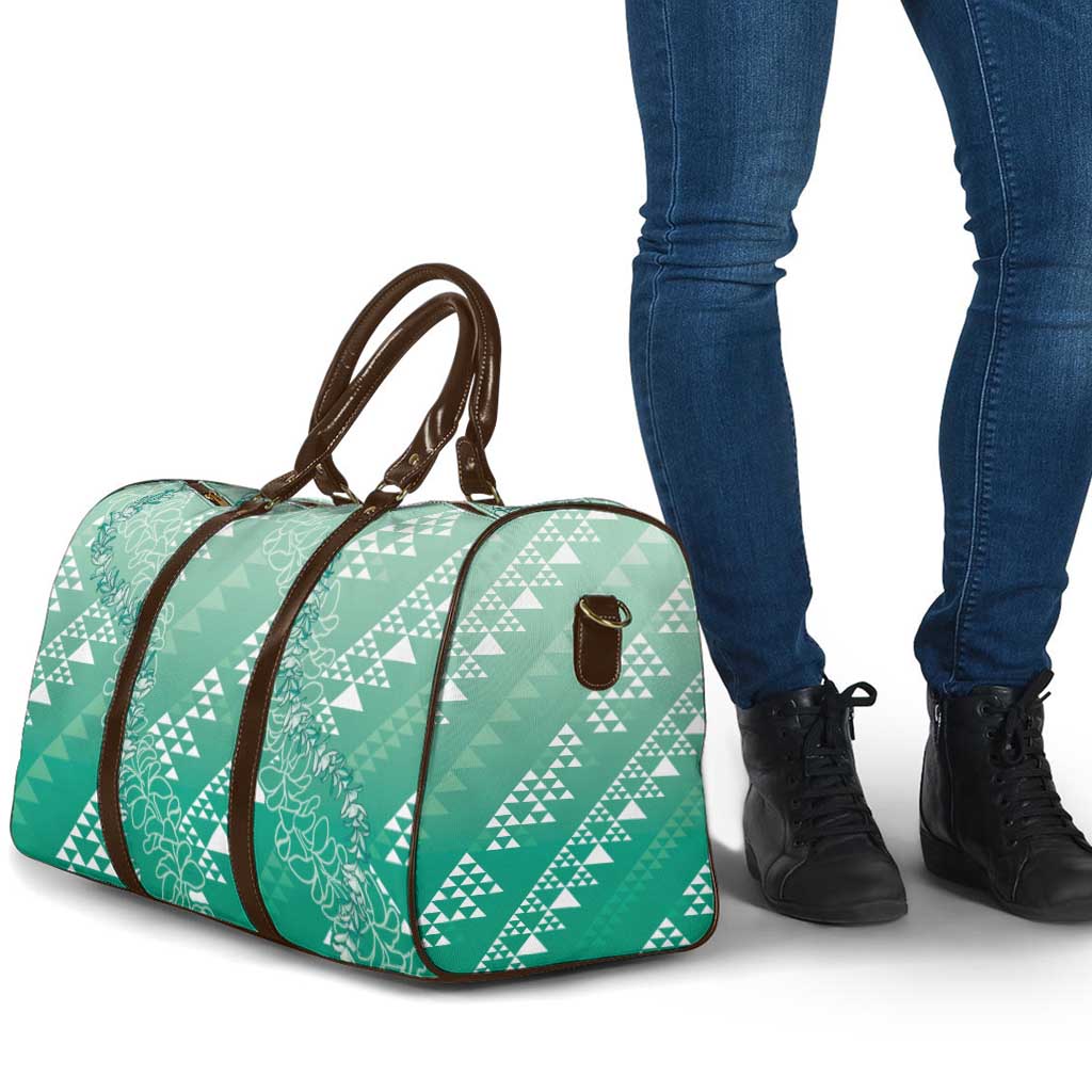 Hawaii Jade Green Kapa Travel Bag Vintage 'Ohe Kāpala Motifs Mix Plumeria Leis