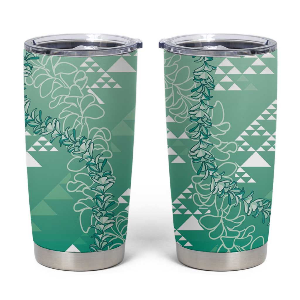 Hawaii Jade Green Kapa Tumbler Cup Vintage 'Ohe Kāpala Motifs Mix Plumeria Leis