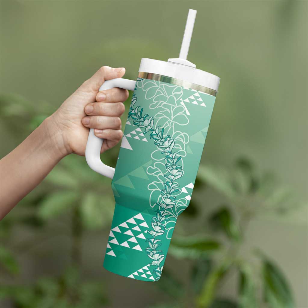 Hawaii Jade Green Kapa Tumbler With Handle Vintage 'Ohe Kāpala Motifs Mix Plumeria Leis