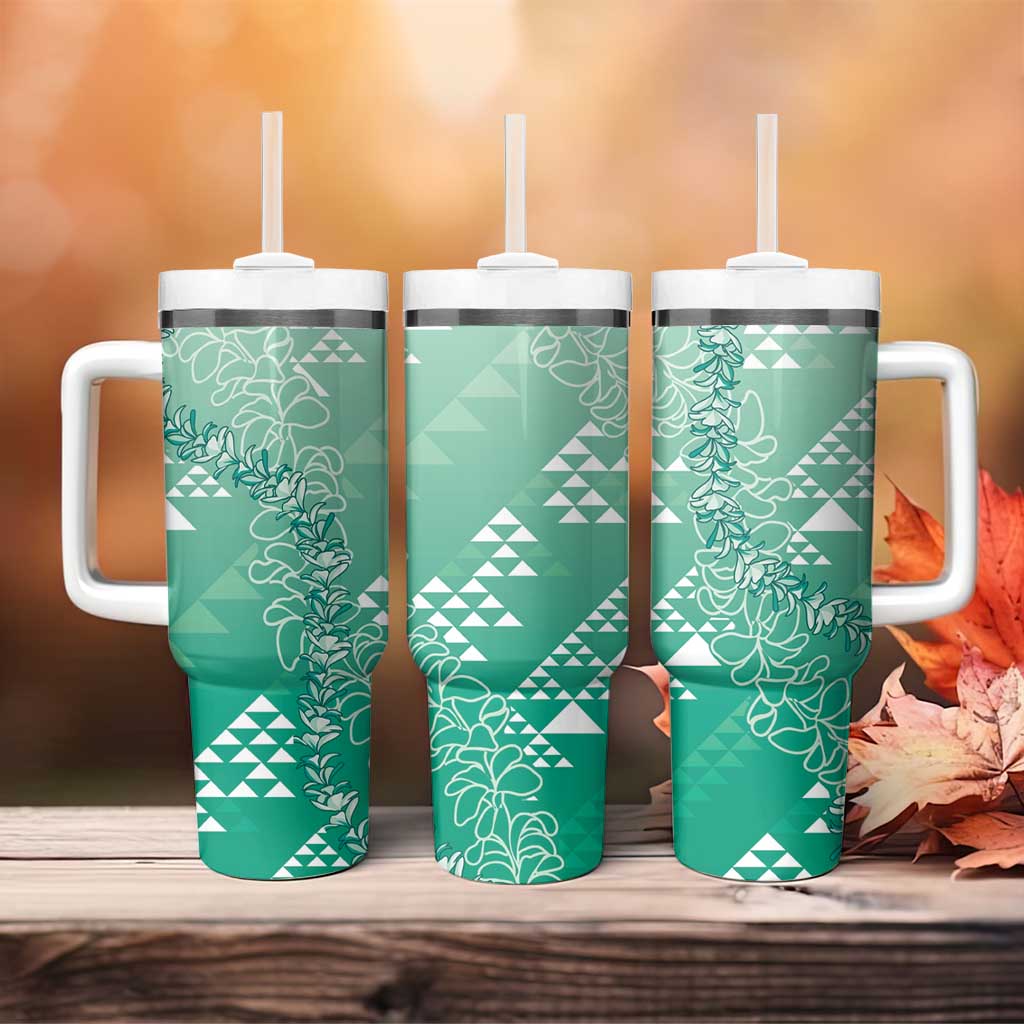 Hawaii Jade Green Kapa Tumbler With Handle Vintage 'Ohe Kāpala Motifs Mix Plumeria Leis