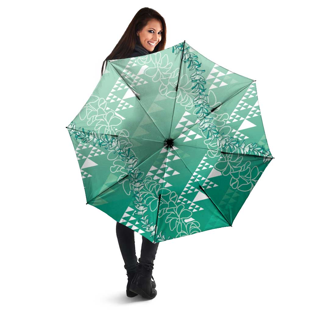 Hawaii Jade Green Kapa Umbrella Vintage 'Ohe Kāpala Motifs Mix Plumeria Leis