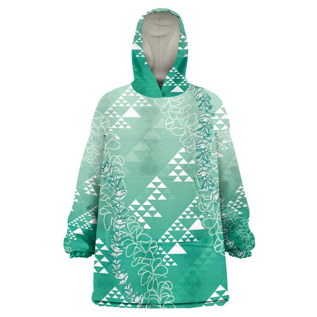 Hawaii Jade Green Kapa Wearable Blanket Hoodie Vintage 'Ohe Kāpala Motifs Mix Plumeria Leis LT7 One Size Jade Green - Polynesian Pride