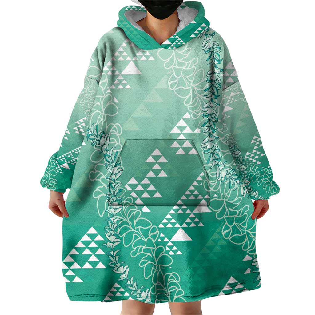 Hawaii Jade Green Kapa Wearable Blanket Hoodie Vintage 'Ohe Kāpala Motifs Mix Plumeria Leis LT7 - Polynesian Pride