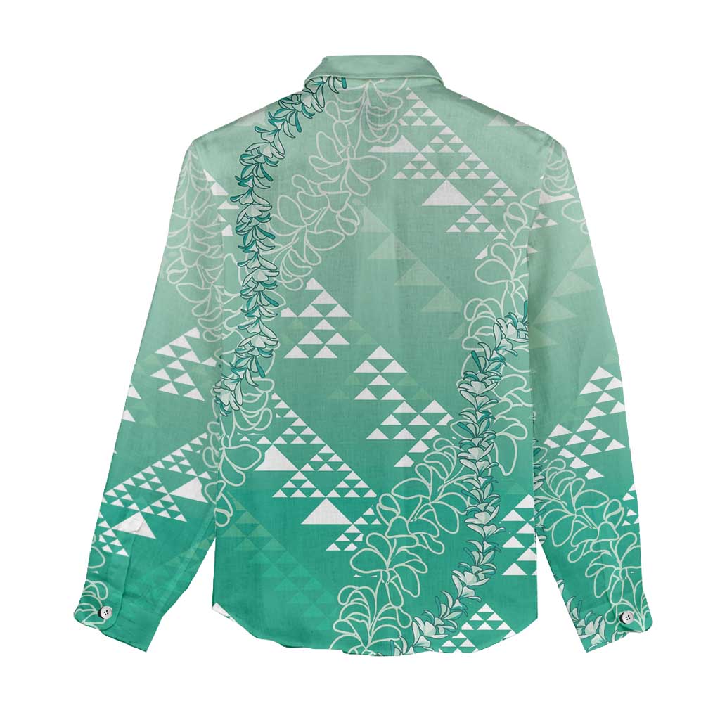 Hawaii Jade Green Kapa Women Casual Shirt Vintage 'Ohe Kāpala Motifs Mix Plumeria Leis