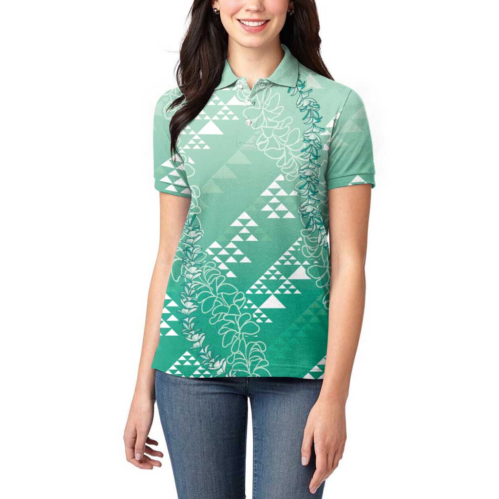 Hawaii Jade Green Kapa Women Polo Shirt Vintage 'Ohe Kāpala Motifs Mix Plumeria Leis LT7 - Polynesian Pride