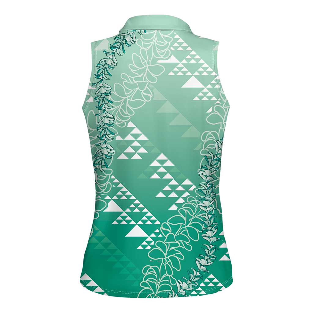 Hawaii Jade Green Kapa Women Sleeveless Polo Shirt Vintage 'Ohe Kāpala Motifs Mix Plumeria Leis LT7 - Polynesian Pride