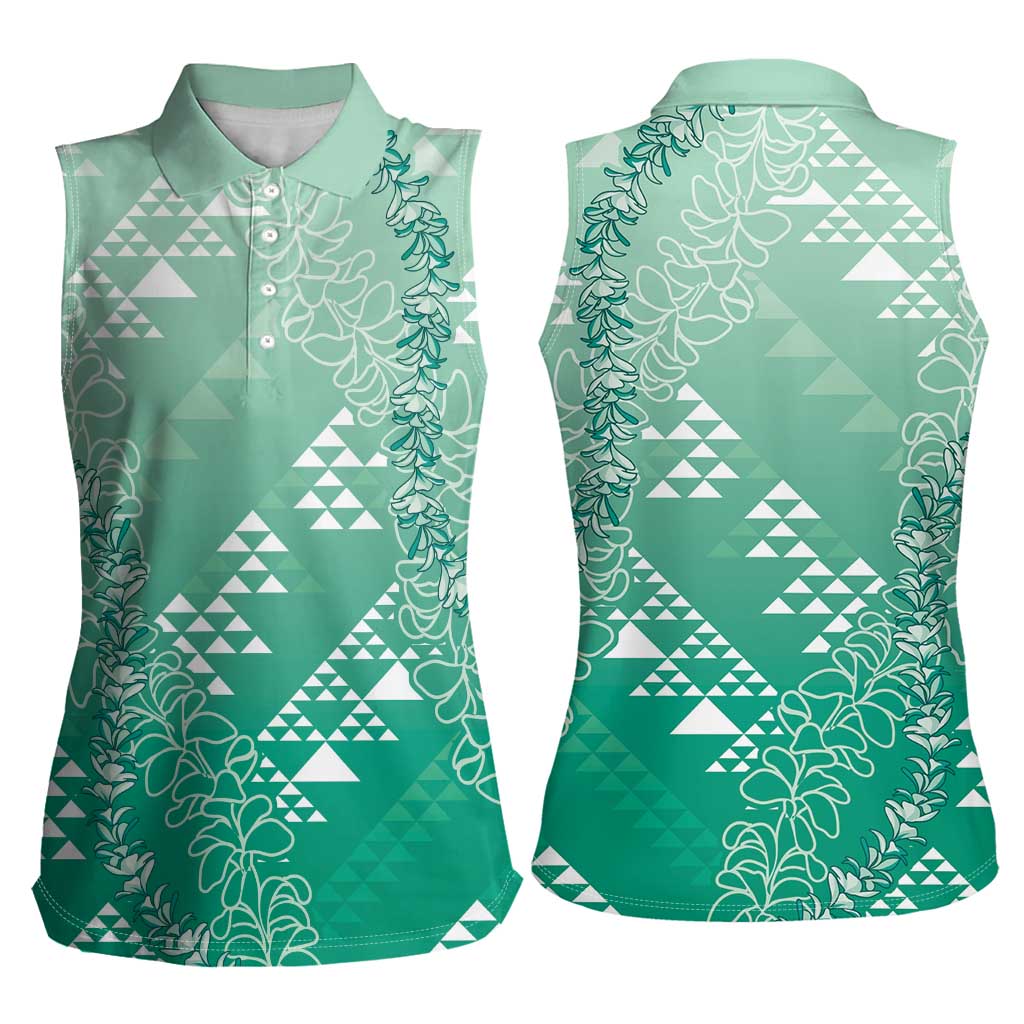Hawaii Jade Green Kapa Women Sleeveless Polo Shirt Vintage 'Ohe Kāpala Motifs Mix Plumeria Leis LT7 - Polynesian Pride