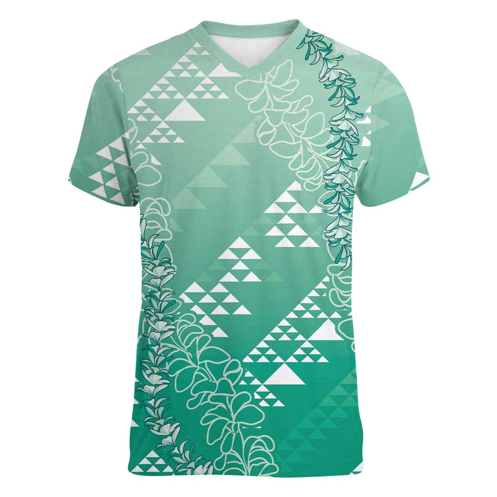 Hawaii Jade Green Kapa Women V-Neck T-Shirt Vintage 'Ohe Kāpala Motifs Mix Plumeria Leis