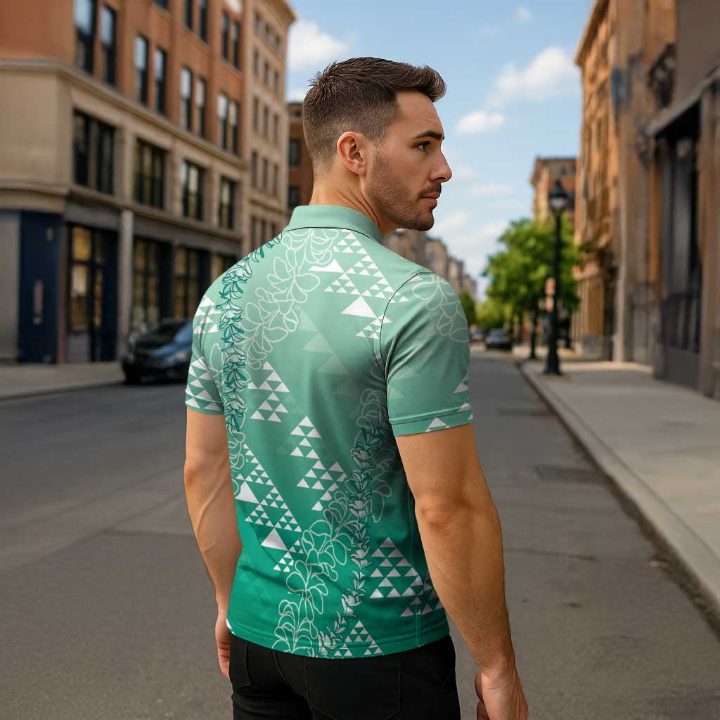 Hawaii Jade Green Kapa Zipper Polo Shirt Vintage 'Ohe Kāpala Motifs Mix Plumeria Leis LT7 - Polynesian Pride