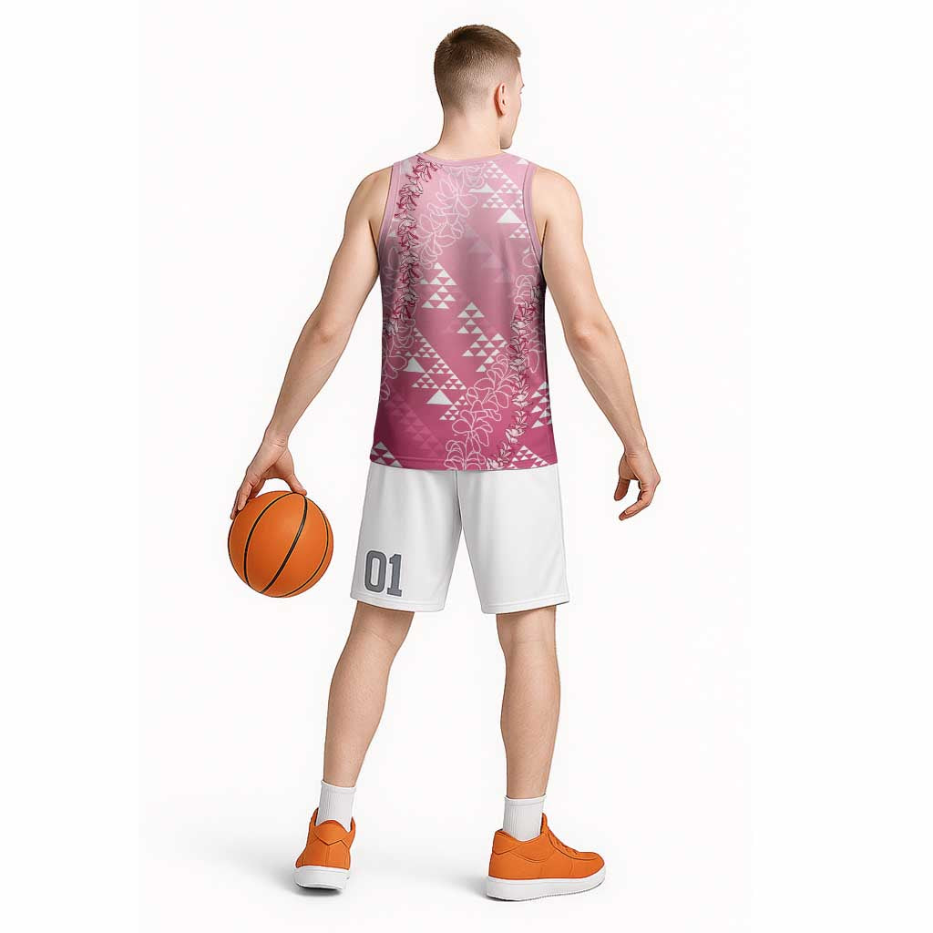 Hawaii Rose Pink Kapa Basketball Jersey Vintage 'Ohe Kāpala Motifs Mix Plumeria Leis