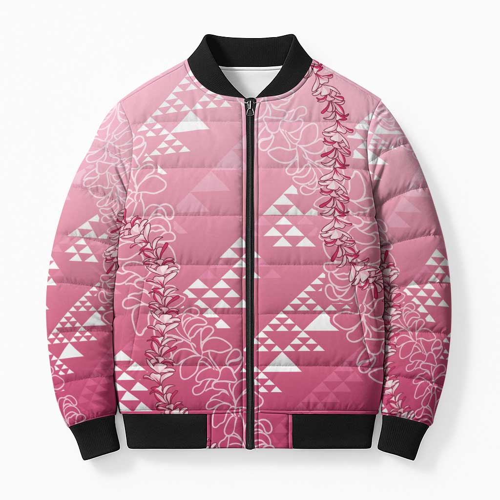 Hawaii Rose Pink Kapa Bomber Puffer Jacket Vintage 'Ohe Kāpala Motifs Mix Plumeria Leis