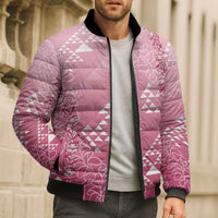 Hawaii Rose Pink Kapa Bomber Puffer Jacket Vintage 'Ohe Kāpala Motifs Mix Plumeria Leis
