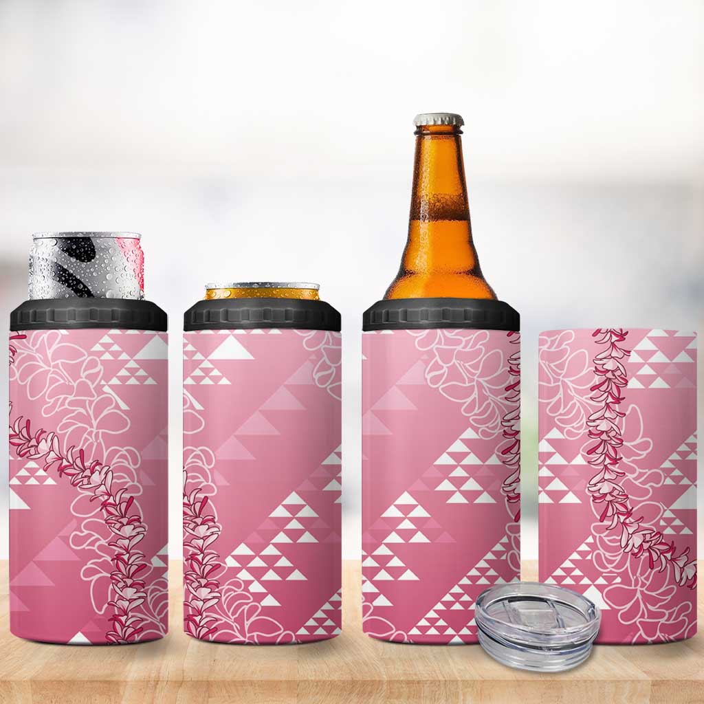 Hawaii Rose Pink Kapa 4 in 1 Can Cooler Tumbler Vintage 'Ohe Kāpala Motifs Mix Plumeria Leis LT7 - Polynesian Pride
