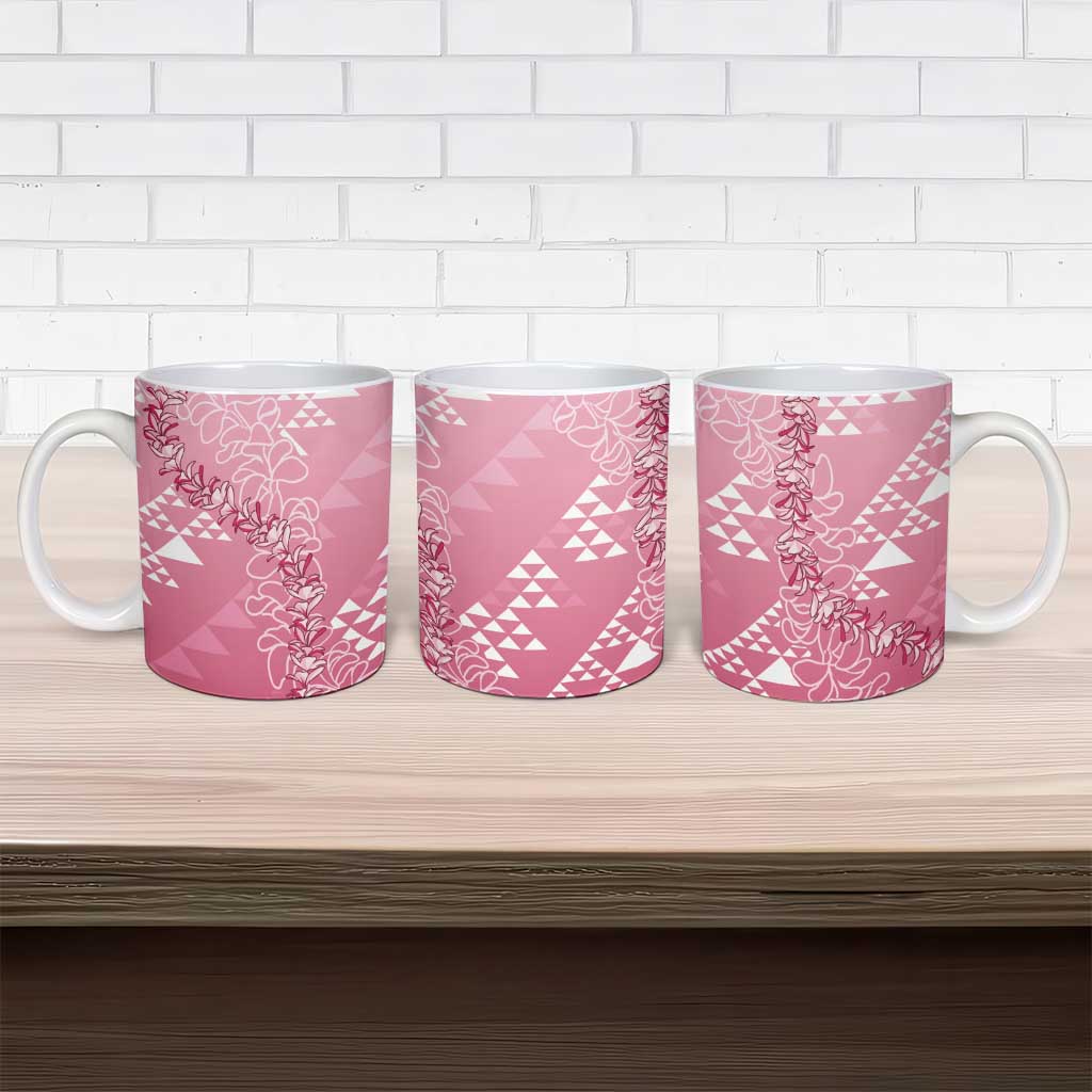 Hawaii Rose Pink Kapa Ceramic Mug Vintage 'Ohe Kāpala Motifs Mix Plumeria Leis