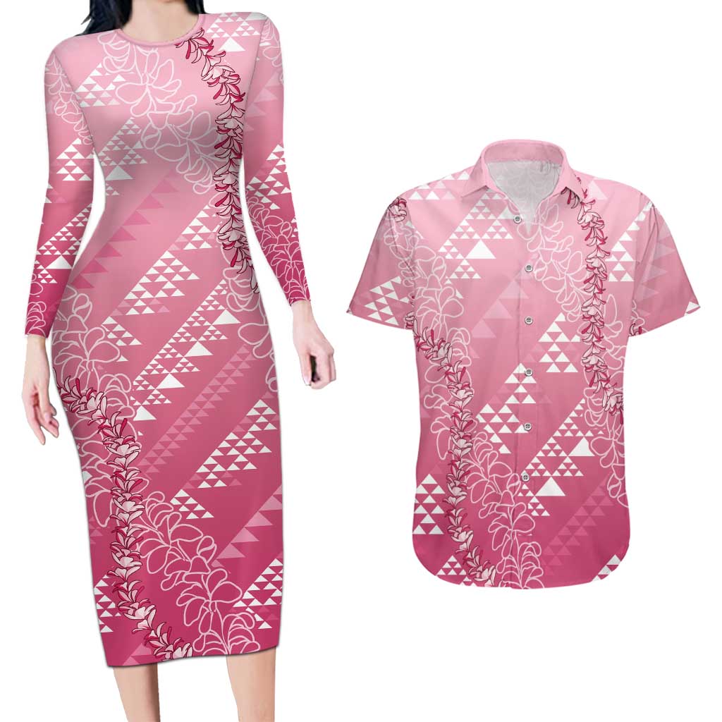 Hawaii Rose Pink Kapa Couples Matching Long Sleeve Bodycon Dress and Hawaiian Shirt Vintage 'Ohe Kāpala Motifs Mix Plumeria Leis LT7 Rose Pink - Polynesian Pride