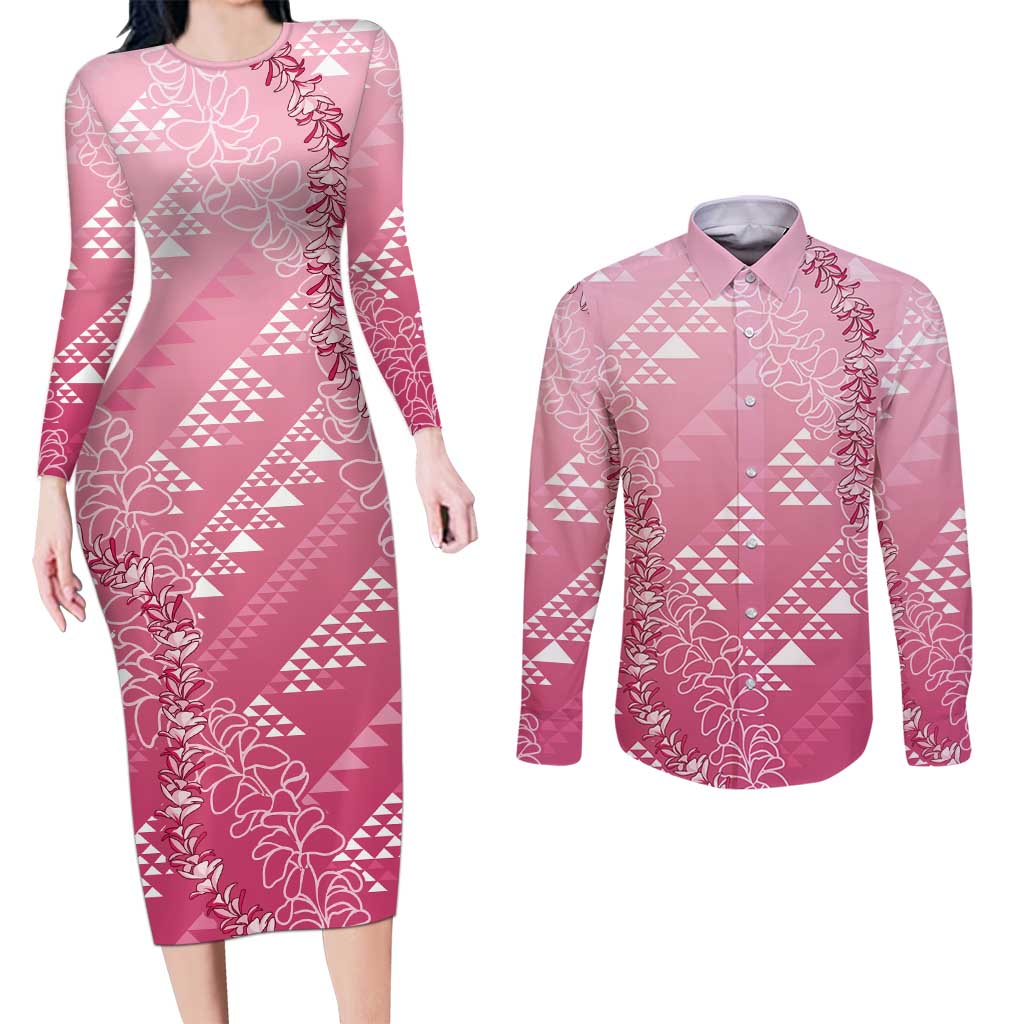 Hawaii Rose Pink Kapa Couples Matching Long Sleeve Bodycon Dress and Long Sleeve Button Shirt Vintage 'Ohe Kāpala Motifs Mix Plumeria Leis LT7 Rose Pink - Polynesian Pride