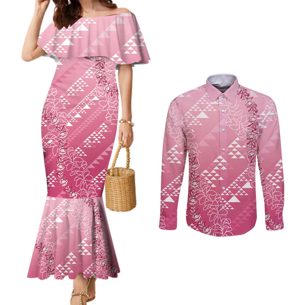 Hawaii Rose Pink Kapa Couples Matching Mermaid Dress and Long Sleeve Button Shirt Vintage 'Ohe Kāpala Motifs Mix Plumeria Leis LT7 Rose Pink - Polynesian Pride