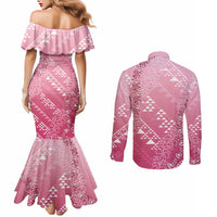 Hawaii Rose Pink Kapa Couples Matching Mermaid Dress and Long Sleeve Button Shirt Vintage 'Ohe Kāpala Motifs Mix Plumeria Leis LT7 - Polynesian Pride
