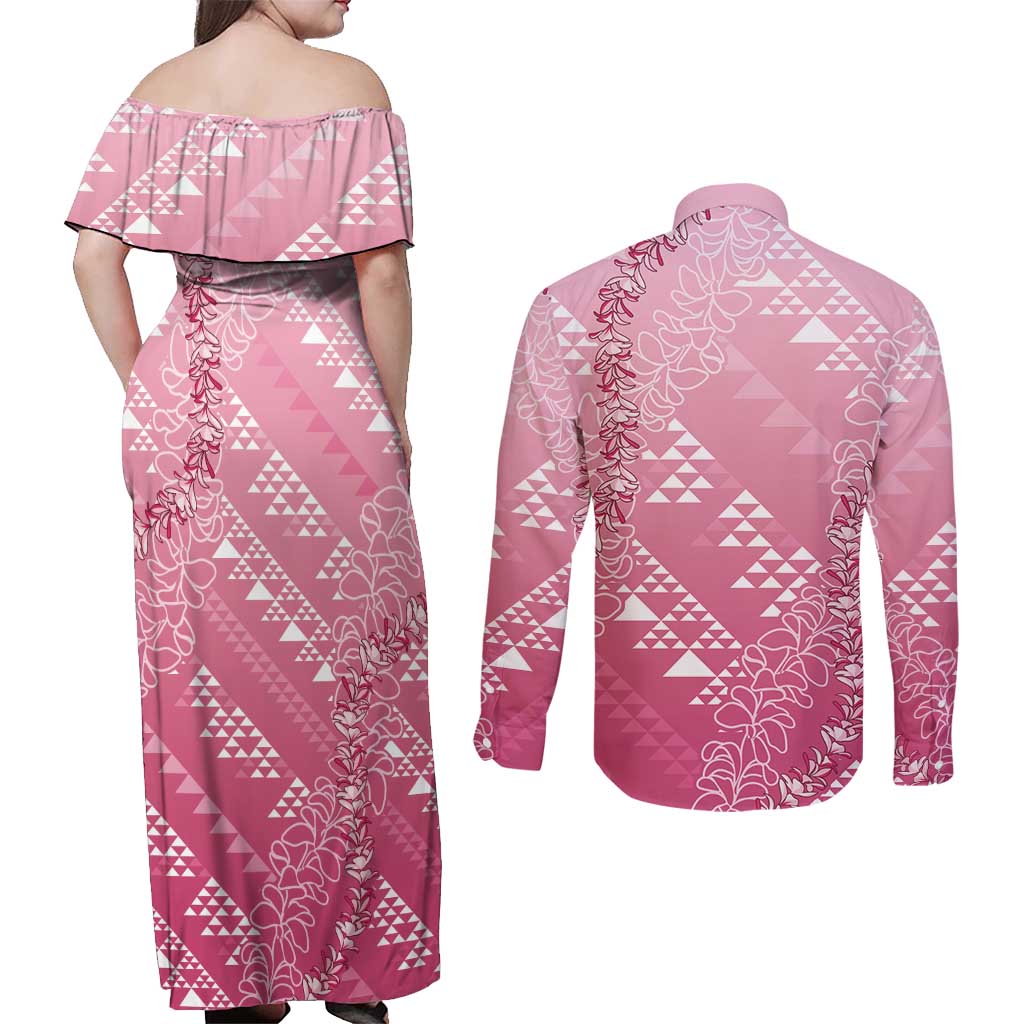 Hawaii Rose Pink Kapa Couples Matching Off Shoulder Maxi Dress and Long Sleeve Button Shirt Vintage 'Ohe Kāpala Motifs Mix Plumeria Leis LT7 - Polynesian Pride