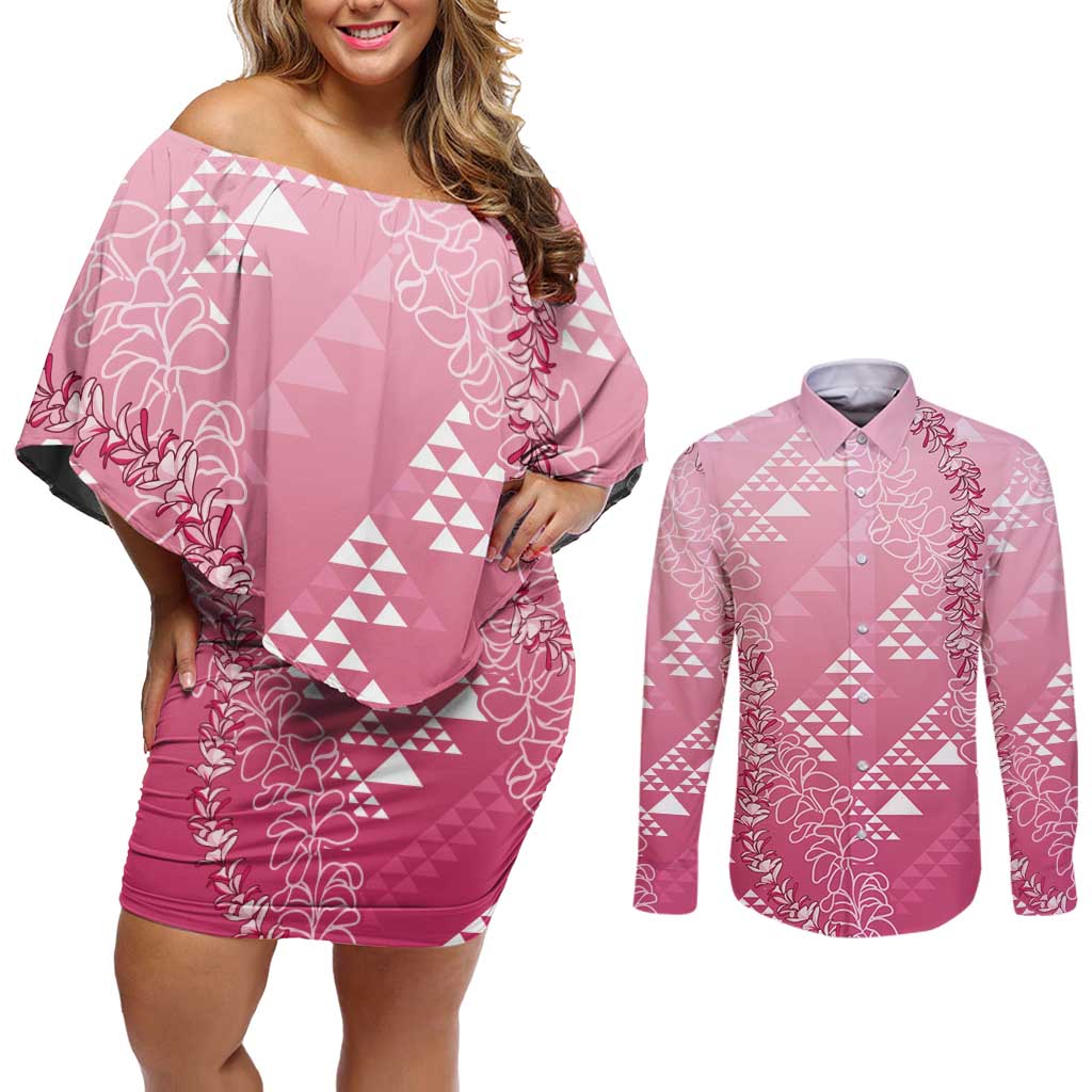 Hawaii Rose Pink Kapa Couples Matching Off Shoulder Short Dress and Long Sleeve Button Shirt Vintage 'Ohe Kāpala Motifs Mix Plumeria Leis